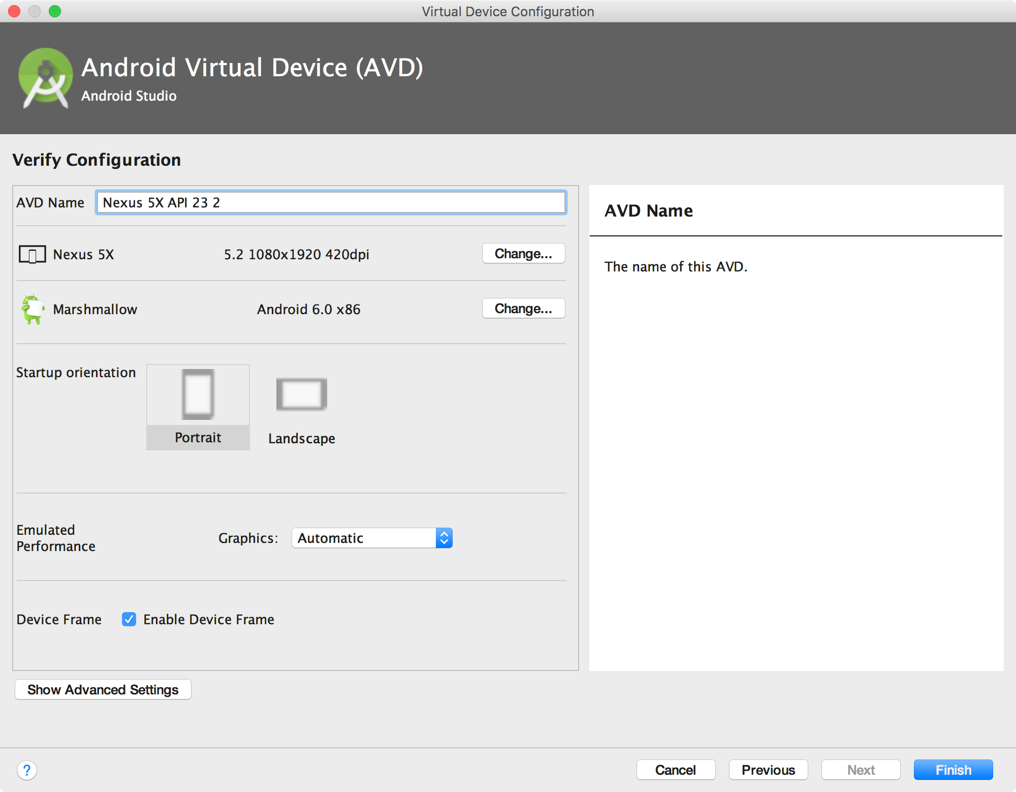 Verify Configuration page of the AVD Manager